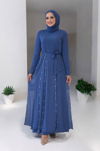 Taş Detaylı Şallı Elbise Takım 3953 İndigo - Bym Fashion
