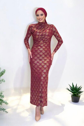 Desenli Büzgü Detaylı Elbise 3956 Bordo - Bym Fashion