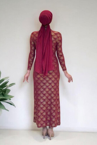 Desenli Büzgü Detaylı Elbise 3956 Bordo - Bym Fashion (1)