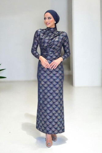 Desenli Büzgü Detaylı Elbise 3956 Lacivert - Bym Fashion