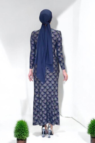 Desenli Büzgü Detaylı Elbise 3956 Lacivert - Bym Fashion (1)