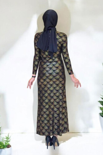 Desenli Büzgü Detaylı Elbise 3956 Siyah - Bym Fashion (1)