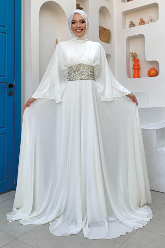 Pelerinli Bel Taş İşleme Detay Şifon Abiye Elbise 5001 Ekru - Bym Fashion
