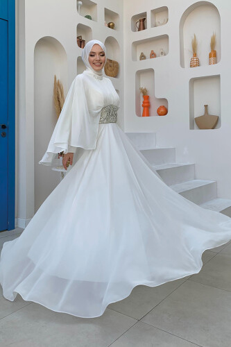 Pelerinli Bel Taş İşleme Detay Şifon Abiye Elbise 5001 Ekru - Bym Fashion (1)