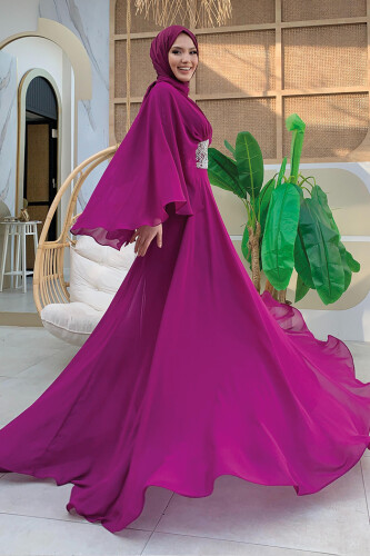 Pelerinli Bel Taş İşleme Detay Şifon Abiye Elbise 5001 Mürdüm - Bym Fashion (1)