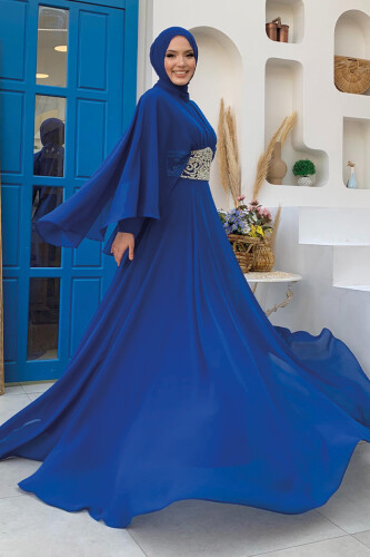 Pelerinli Bel Taş İşleme Detay Şifon Abiye Elbise 5001 Saks - Bym Fashion (1)