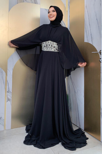 Pelerinli Bel Taş İşleme Detay Şifon Abiye Elbise 5001 Siyah - Bym Fashion (1)