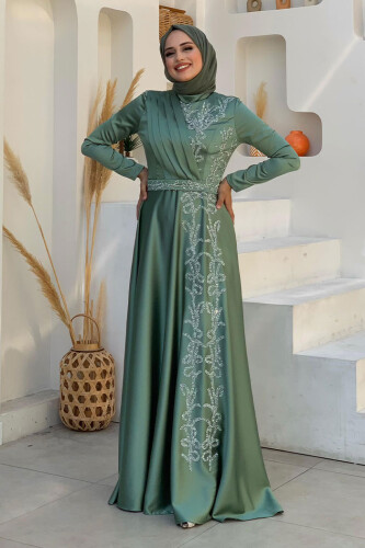 Taş Detaylı Kemer Aksesuarlı Saten Abiye Elbise 5002 Mint - Bym Fashion