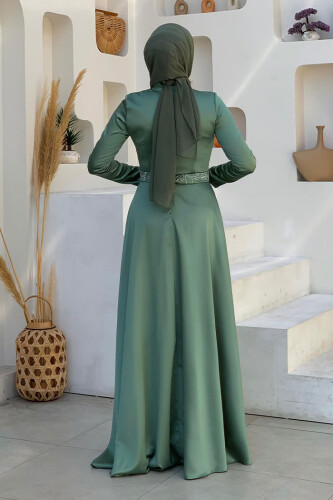 Taş Detaylı Kemer Aksesuarlı Saten Abiye Elbise 5002 Mint - Bym Fashion (1)
