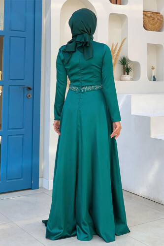 Taş Detaylı Kemer Aksesuarlı Saten Abiye Elbise 5002 Zümrüt - Bym Fashion (1)