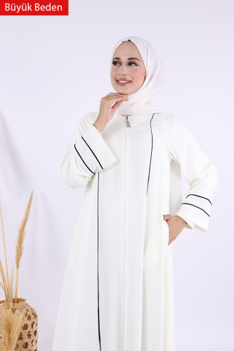 6011-1 Çizgili Fermuarlı Ferace Ekru - Bym Fashion