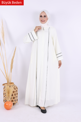 6011-1 Çizgili Fermuarlı Ferace Ekru - 5