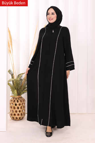 6011-1 Çizgili Fermuarlı Ferace Siyah - Bym Fashion