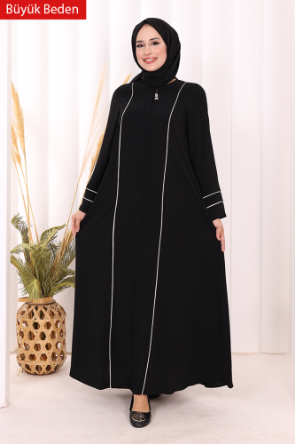 6011-1 Çizgili Fermuarlı Ferace Siyah - Bym Fashion (1)