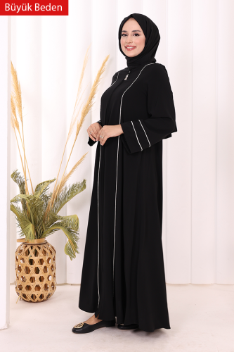 6011-1 Çizgili Fermuarlı Ferace Siyah - 4