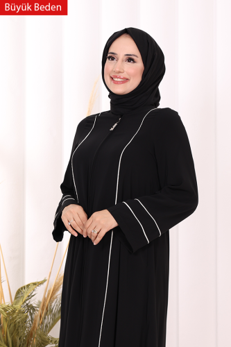 6011-1 Çizgili Fermuarlı Ferace Siyah - 6