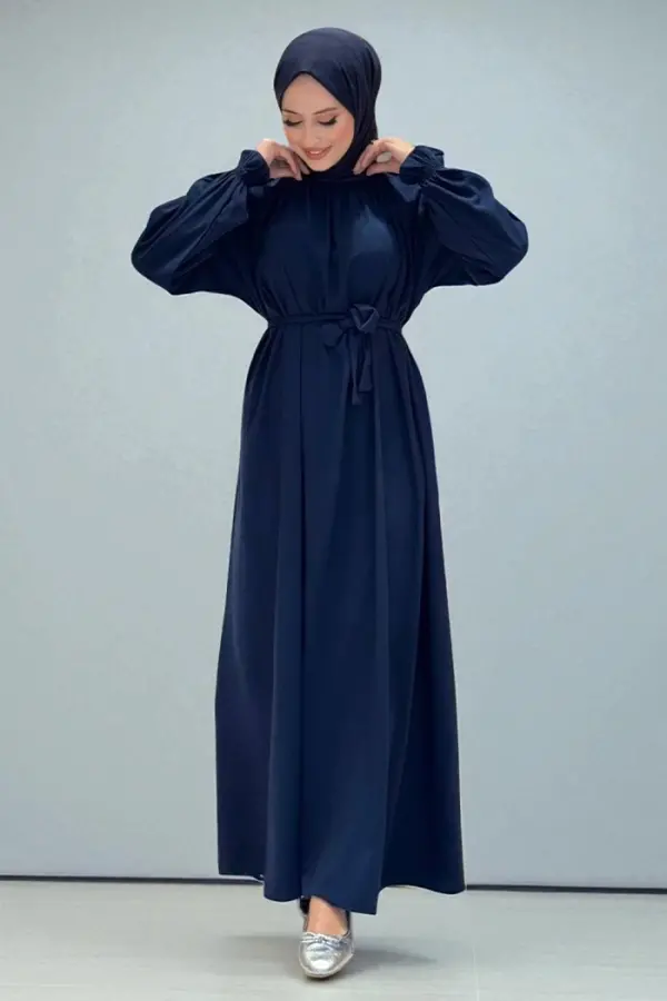 Yaka ve Kol Manşetleri Büzgü Görünümlü Kuşaklı Elbise 6014 Lacivert - 1