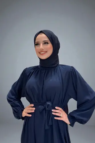 Yaka ve Kol Manşetleri Büzgü Görünümlü Kuşaklı Elbise 6014 Lacivert - 3