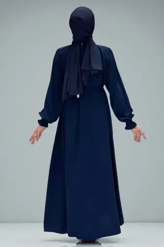 Yaka ve Kol Manşetleri Büzgü Görünümlü Kuşaklı Elbise 6014 Lacivert - 4