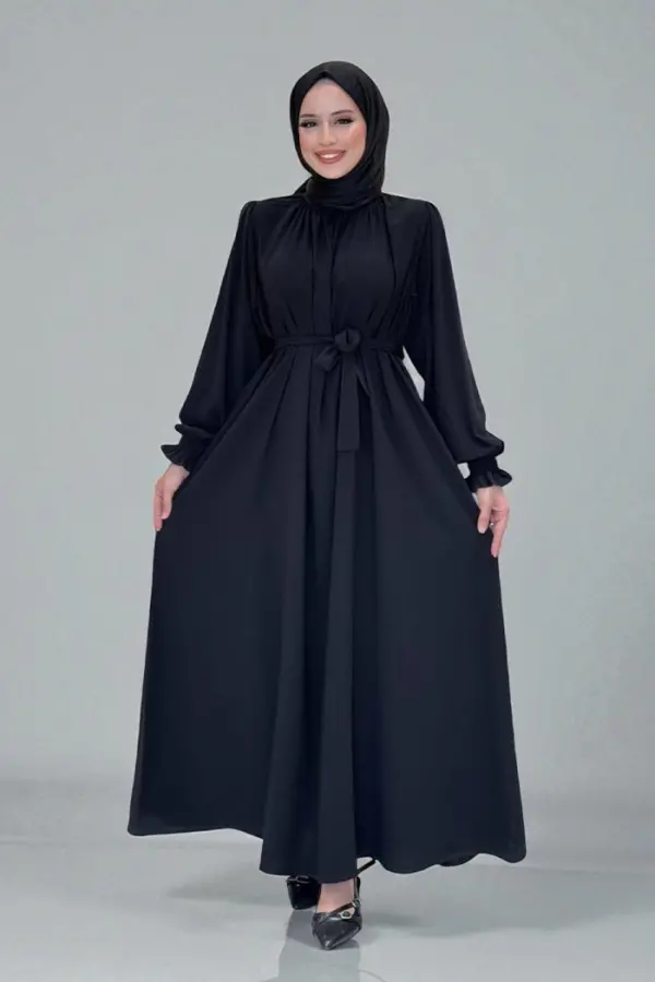 Yaka ve Kol Manşetleri Büzgü Görünümlü Kuşaklı Elbise 6014 Siyah - 1