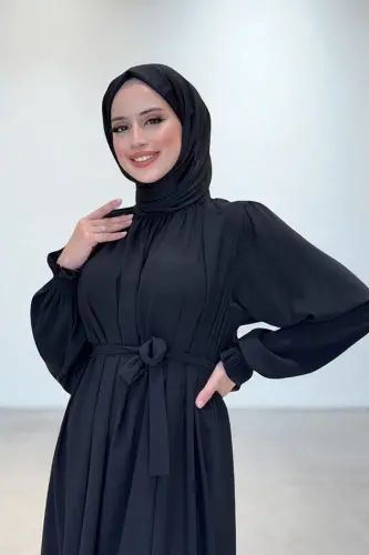 Yaka ve Kol Manşetleri Büzgü Görünümlü Kuşaklı Elbise 6014 Siyah - 3