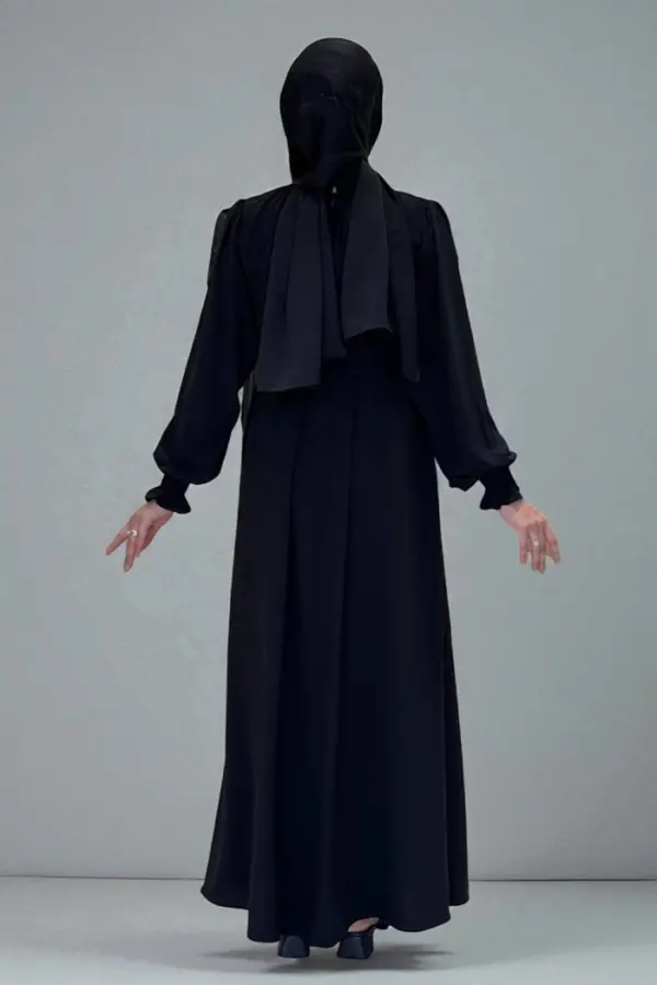 Yaka ve Kol Manşetleri Büzgü Görünümlü Kuşaklı Elbise 6014 Siyah - 4