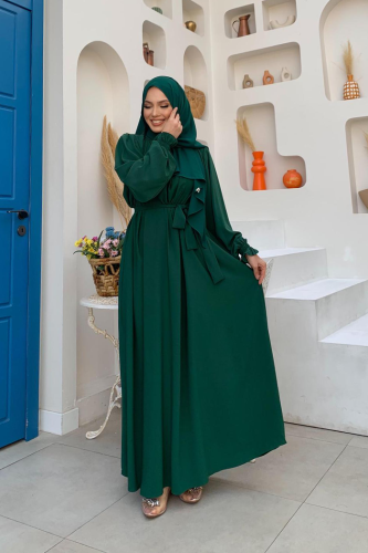 Yaka ve Kol Manşetleri Büzgü Görünümlü Kuşaklı Elbise 6014 Zümrüt - Bym Fashion