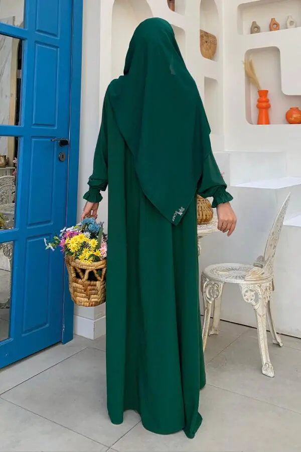 Yaka ve Kol Manşetleri Büzgü Görünümlü Kuşaklı Elbise 6014 Zümrüt - 3