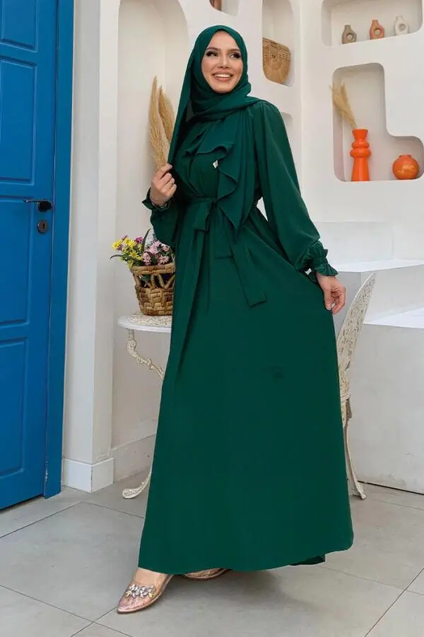 Yaka ve Kol Manşetleri Büzgü Görünümlü Kuşaklı Elbise 6014 Zümrüt - 4