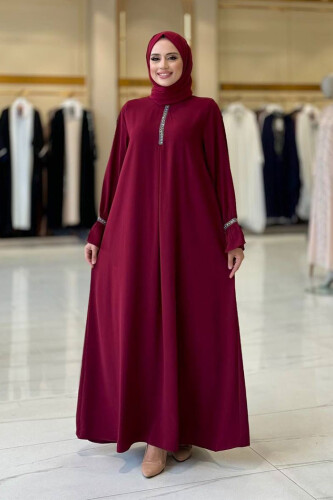Taş Detaylı Elbise 6033 Bordo - Bym Fashion