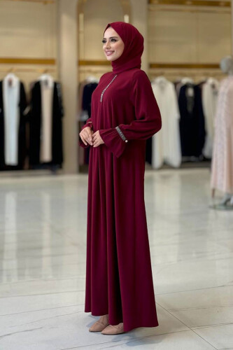Taş Detaylı Elbise 6033 Bordo - Bym Fashion (1)