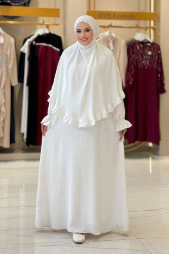 Sufleli Namaz Elbisesi 6034 Ekru - Bym Fashion