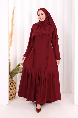 Pilise Detay Elbise ŞAL HEDİYE 6039 Bordo - 5