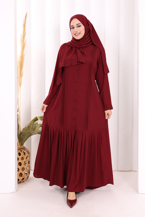 Pilise Detay Elbise ŞAL HEDİYE 6039 Bordo - 5