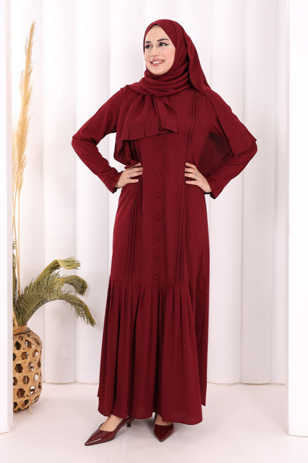 Pilise Detay Elbise ŞAL HEDİYE 6039 Bordo - 6