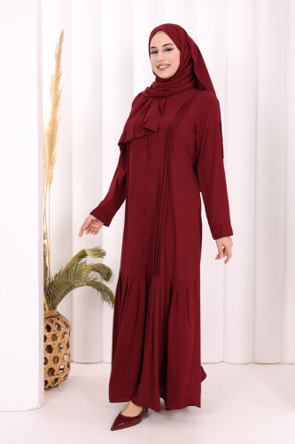 Pilise Detay Elbise ŞAL HEDİYE 6039 Bordo - 7