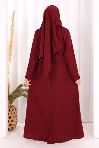 Pilise Detay Elbise ŞAL HEDİYE 6039 Bordo - 8