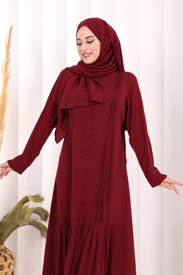Pilise Detay Elbise ŞAL HEDİYE 6039 Bordo - 9