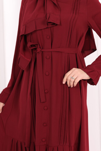 Pilise Detay Elbise ŞAL HEDİYE 6039 Bordo - 10