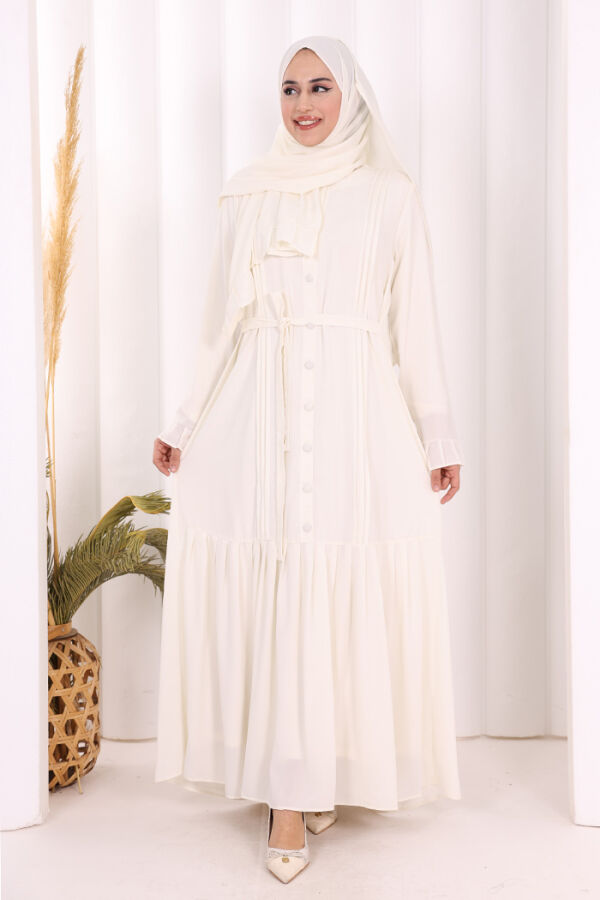 Pilise Detay Elbise ŞAL HEDİYE 6039 Ekru - 5
