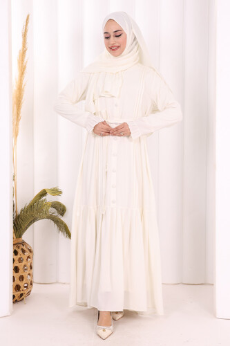 Pilise Detay Elbise ŞAL HEDİYE 6039 Ekru - 6