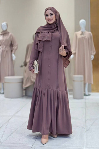 Pilise Detay Elbise Şal İkili Takım 6039 Gül Kurusu - Bym Fashion