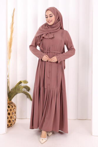 Pilise Detay Elbise ŞAL HEDİYE 6039 Gül Kurusu - 6