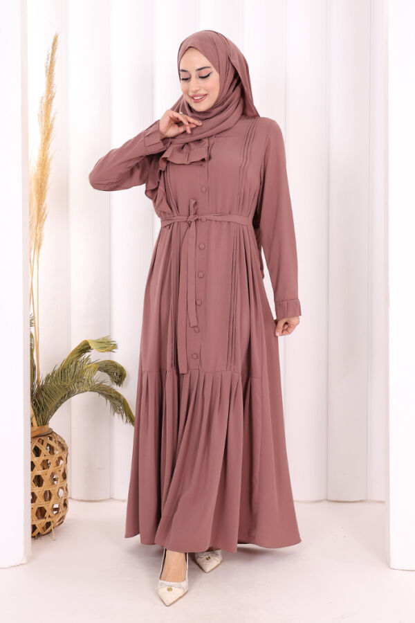 Pilise Detay Elbise ŞAL HEDİYE 6039 Gül Kurusu - 7