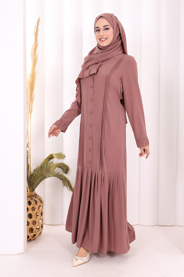 Pilise Detay Elbise ŞAL HEDİYE 6039 Gül Kurusu - 8