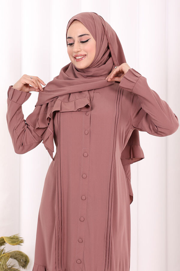 Pilise Detay Elbise ŞAL HEDİYE 6039 Gül Kurusu - 10