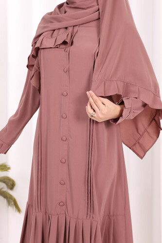 Pilise Detay Elbise ŞAL HEDİYE 6039 Gül Kurusu - 11