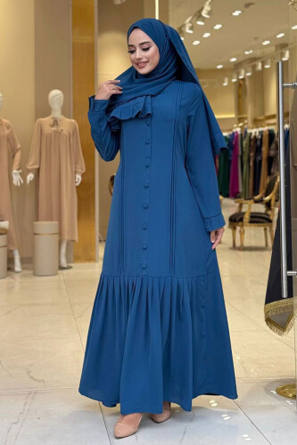 Pilise Detay Elbise Şal İkili Takım 6039 İndigo - Bym Fashion (1)