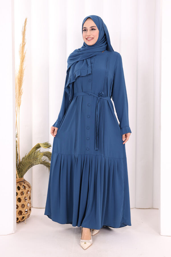 Pilise Detay Elbise ŞAL HEDİYE 6039 İndigo - 5