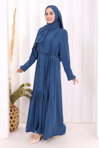 Pilise Detay Elbise ŞAL HEDİYE 6039 İndigo - 6